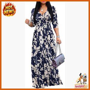 Plus Size Wrap Maxi Dress V Neck 3/4 Sleeve Casual Summer Sundress with Pockets
